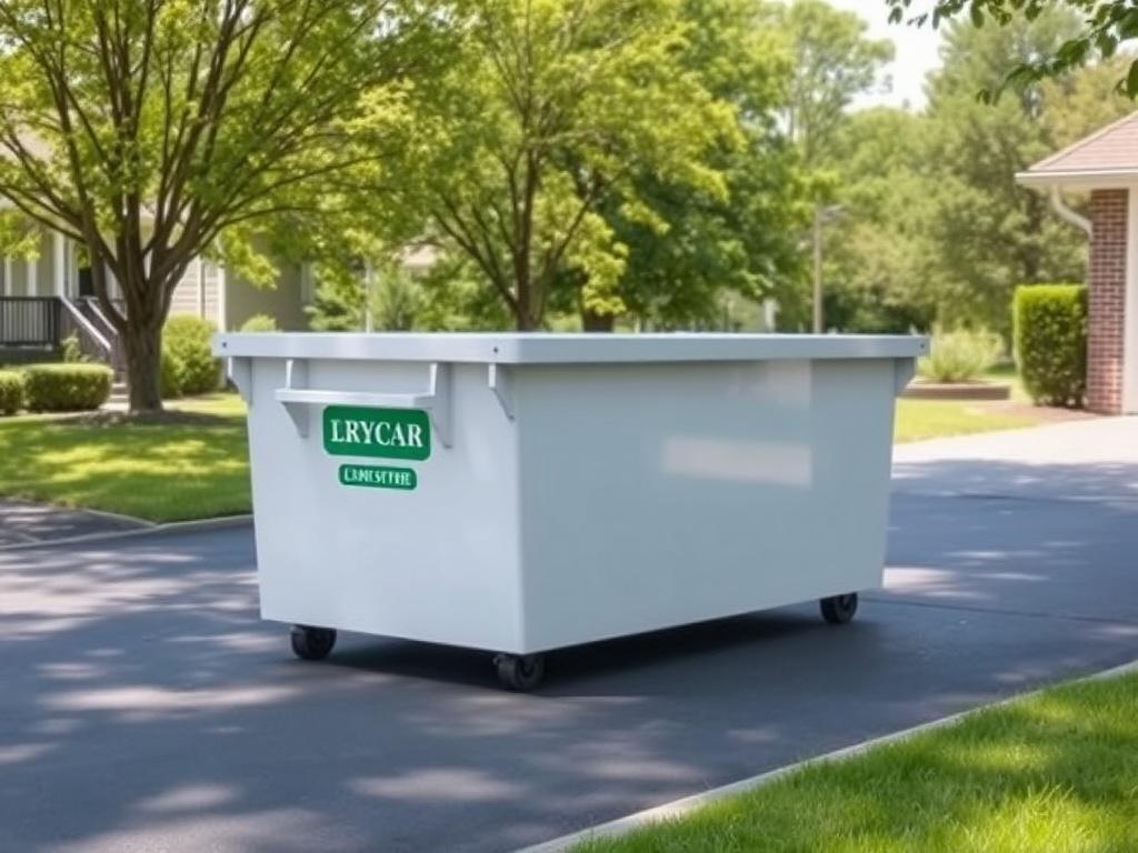 A high-resolution image of a residential area with a bright, clean dumpster placed in a driveway. The scene captures a sunny day with green trees and a well-maintained lawn in the background. The focus is on the dumpster, showcasing its size and brand, with a sense of order and cleanliness.