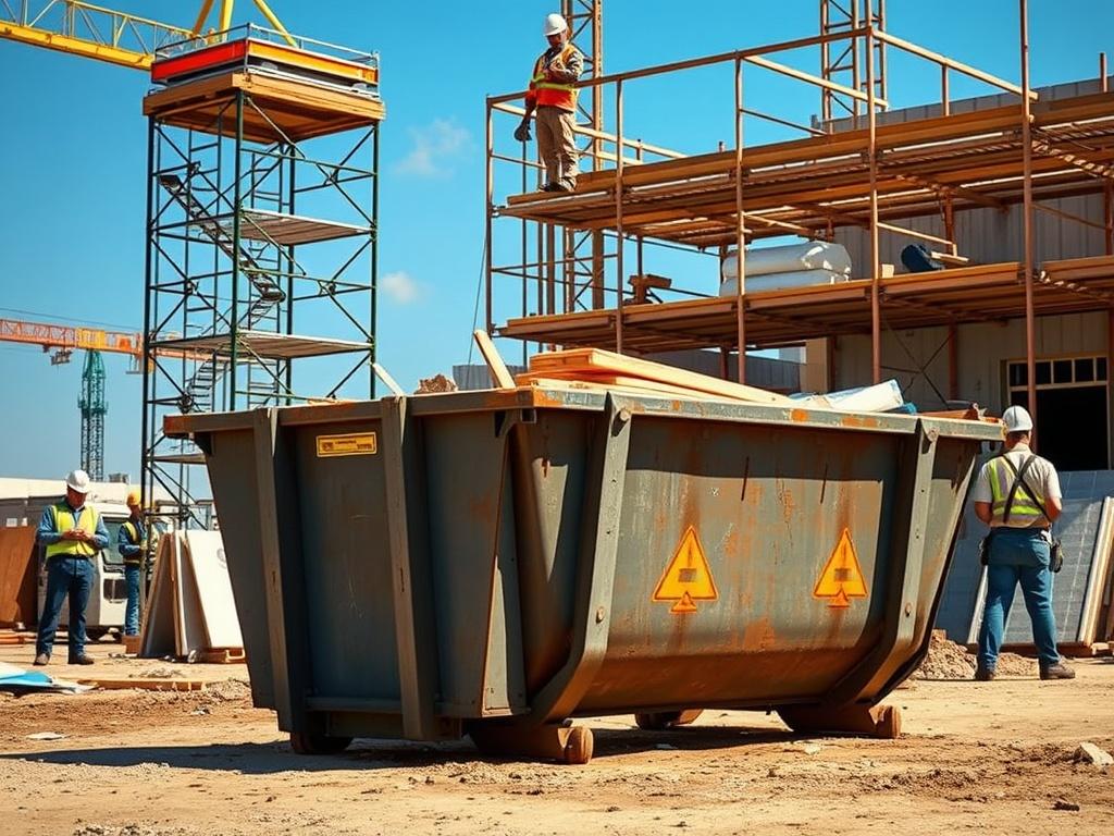 A high-resolution image of a construction site with a sturdy dumpster positioned next to scaffolding and building materials. The scene is energetic and busy, showcasing workers in hard hats and safety gear. The background features a clear blue sky and construction equipment, emphasizing the work in progress.