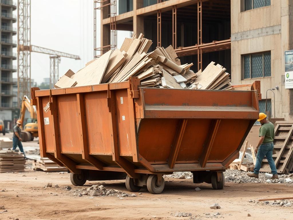 A large commercial dumpster on a construction site, filled with building materials like drywall and debris. The background shows active construction work with workers and machinery, emphasizing a busy and productive environment.