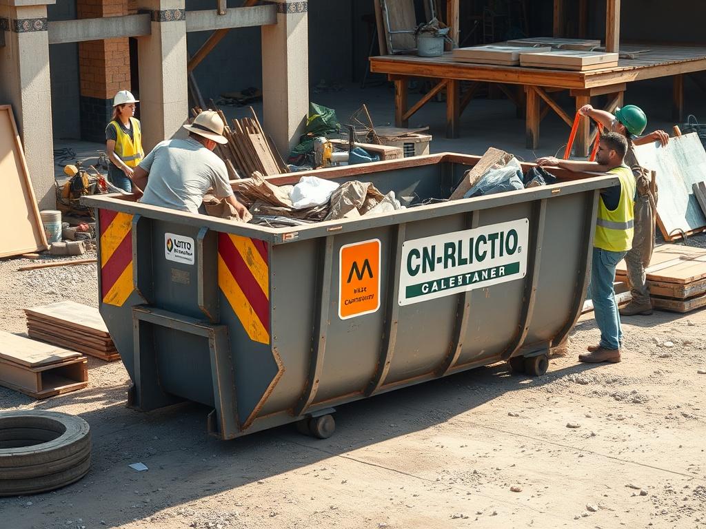 A contractor dumpster on a job site, surrounded by construction equipment and materials. The scene depicts workers actively engaged in construction tasks, highlighting the importance of efficient waste management in the building process.