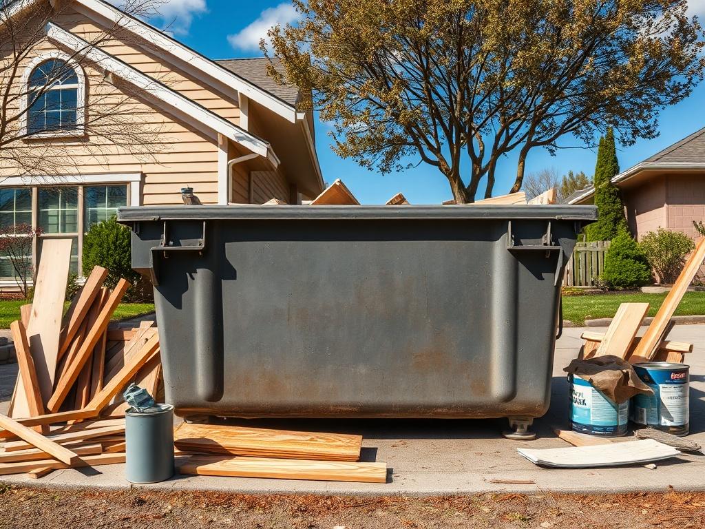 A residential dumpster placed in a driveway, surrounded by home renovation materials like wood and paint cans. The background features a suburban home and a clear blue sky, showcasing a sunny day. The image captures the essence of home improvement and waste management.