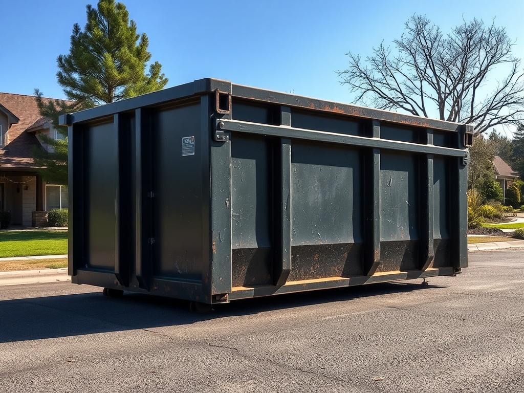 A realistic high-resolution photo of a large, rugged dumpster in a clean, suburban setting, surrounded by trees and a clear blue sky. The dumpster should be positioned prominently, showcasing its sturdy build. The background should have natural tones with earthy textures, reflecting a grounded, rustic aesthetic. Ensure the image conveys a sense of reliability and professionalism in waste management.