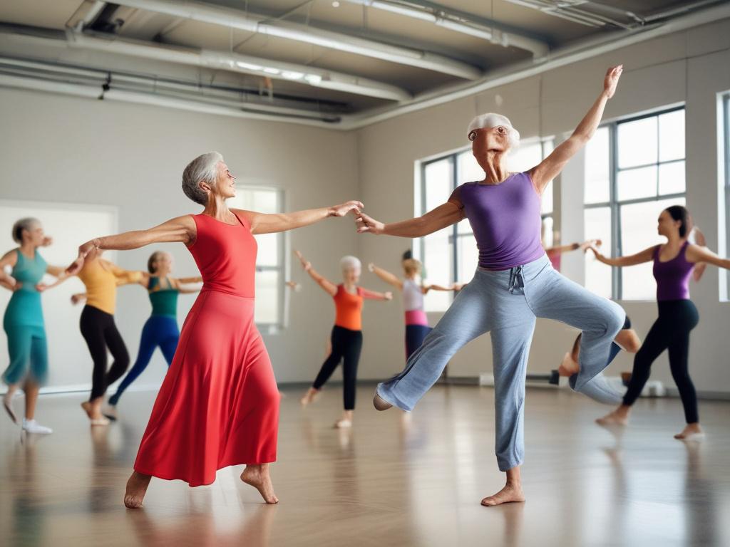 A vibrant older adult joyfully engaging in a dance workshop,