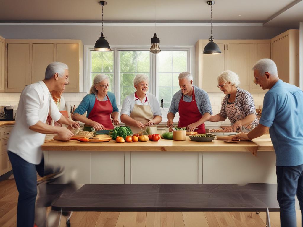 A group of enthusiastic seniors gathered around a kitchen island,