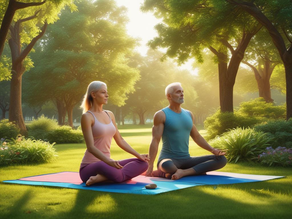 A serene landscape setting with a mature couple practicing yoga