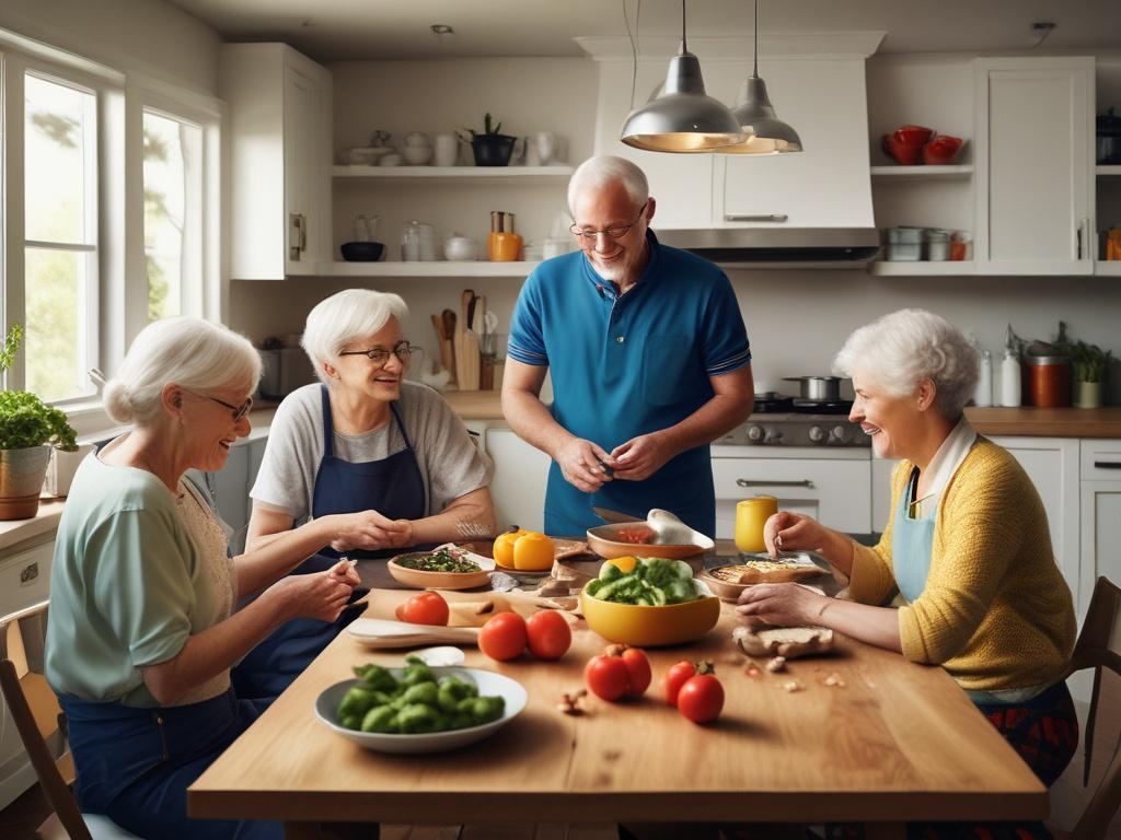 A lively kitchen scene with older adults cooking together, smiling