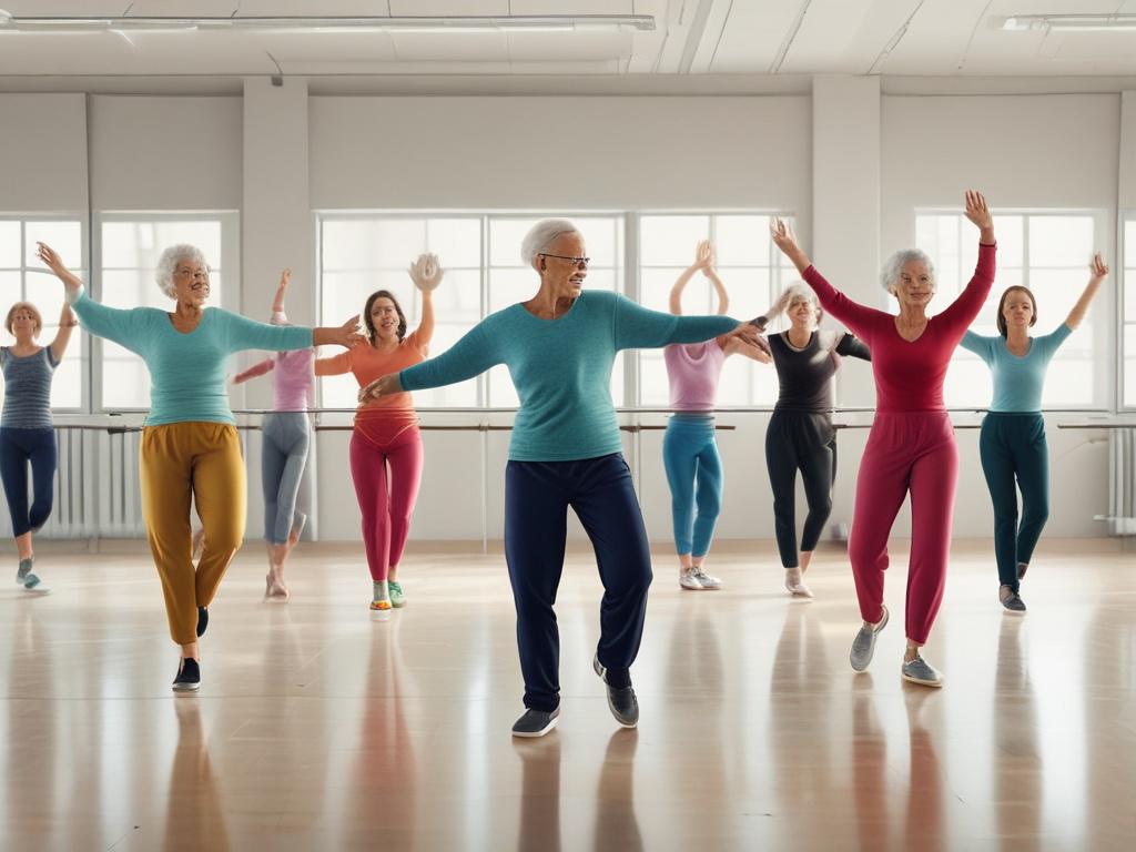 An energetic dance class with older adults happily participating, showcasing