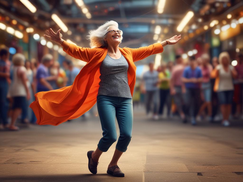 Create a realistic high-resolution photo featuring a joyful older adult woman dancing freely in a vibrant and inviting environment. The subject should be the sole focus of the image, capturing her in mid-movement, with a radiant smile that exudes happiness and energy as she embraces the rhythm of dance. Dress her in bright, flowing clothing that reflects vibrancy, incorporating bold colors such as fuchsia and teal to contrast beautifully with the lush green of the primary color (rgb(50, 170, 39)). 

In the 