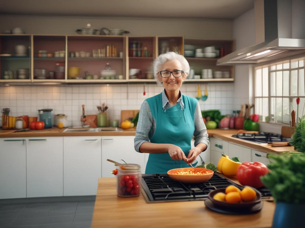 an elderly person cooking in a vibrant kitchen, bright and inviting ambiance, high-resolution, photorealistic, focus on the person with clean lines, vibrant colors, minimalistic background