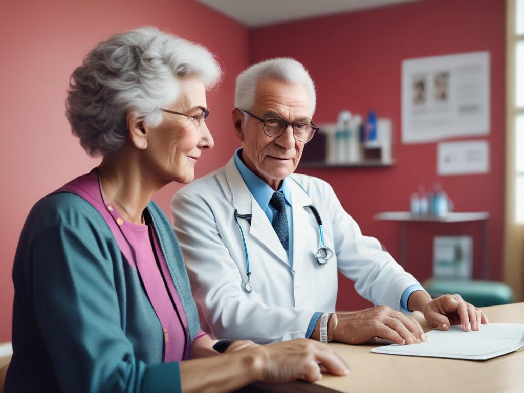 an elderly person receiving a health screening, bright and welcoming clinic environment, high-resolution, photorealistic, focus on the subject with clean lines, vibrant colors, minimalistic background