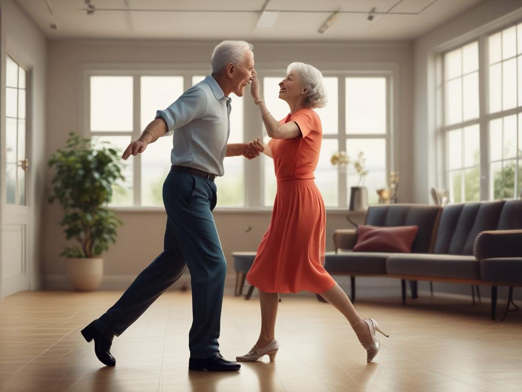 an elderly couple dancing in a studio, bright and lively atmosphere, high-resolution, photorealistic, focus on the couple with clean lines, vibrant colors, minimalistic background