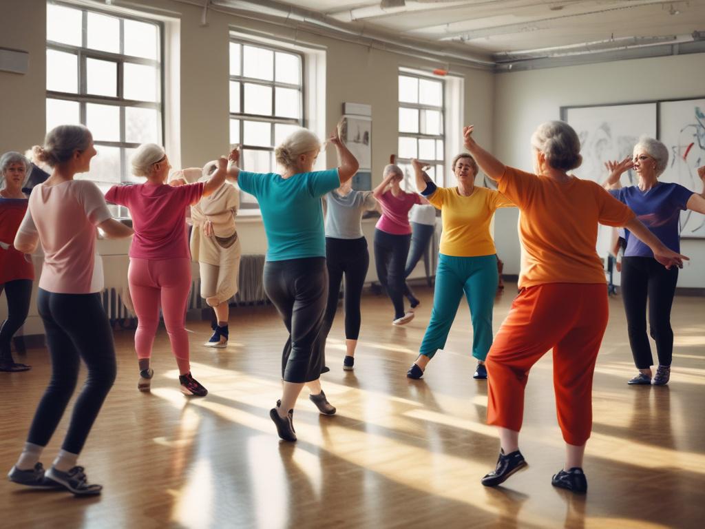 A vibrant dance workshop with older adults enjoying various dance styles. The room is filled with natural light, showcasing the energy and enthusiasm of the participants. The background features mirrors and simple decor, enhancing the focus on movement.