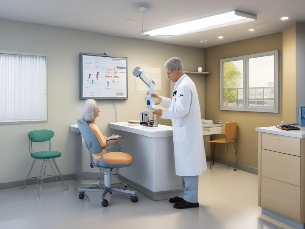 A mature adult receiving a health screening in a bright, welcoming clinic. The setting is clean and professional, with a focus on the individual being examined. The background features soft, natural light with minimalistic decor, emphasizing the importance of health and wellness.