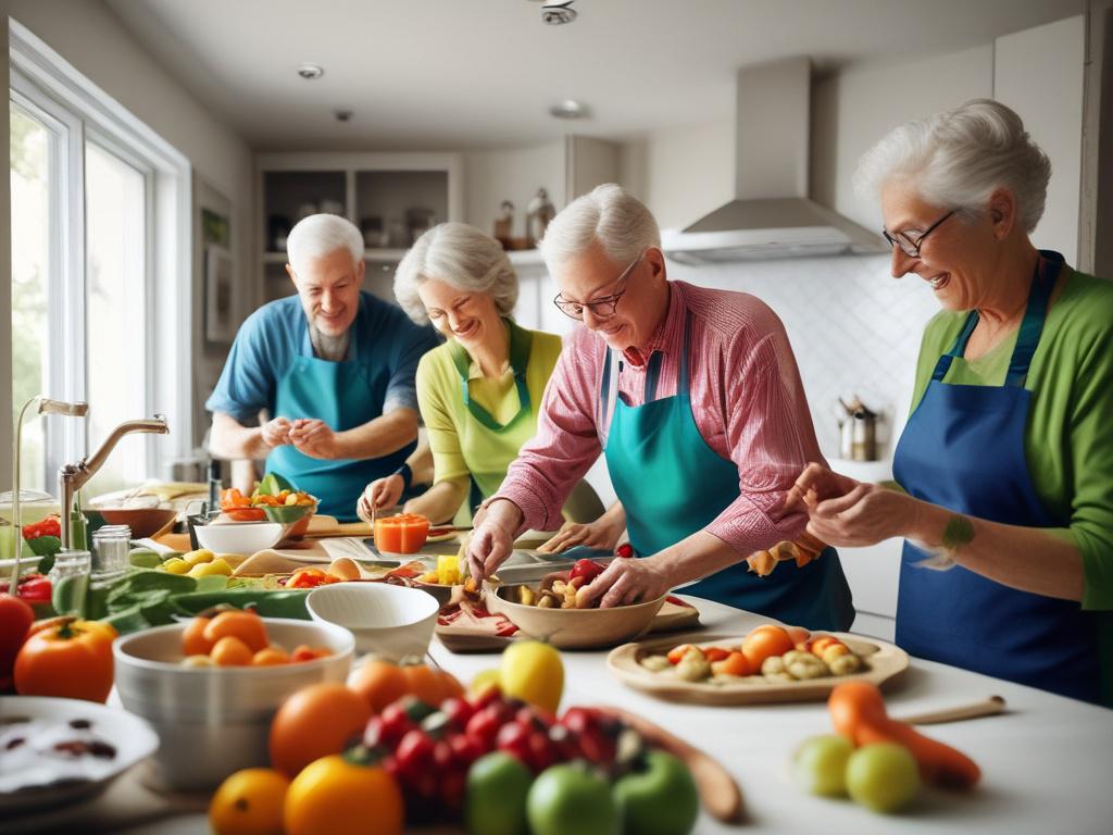 A joyful group of older adults cooking together in a modern kitchen. They are engaged in preparing a meal, with colorful ingredients and utensils around them. The atmosphere is lively and collaborative, with natural light flooding the space.