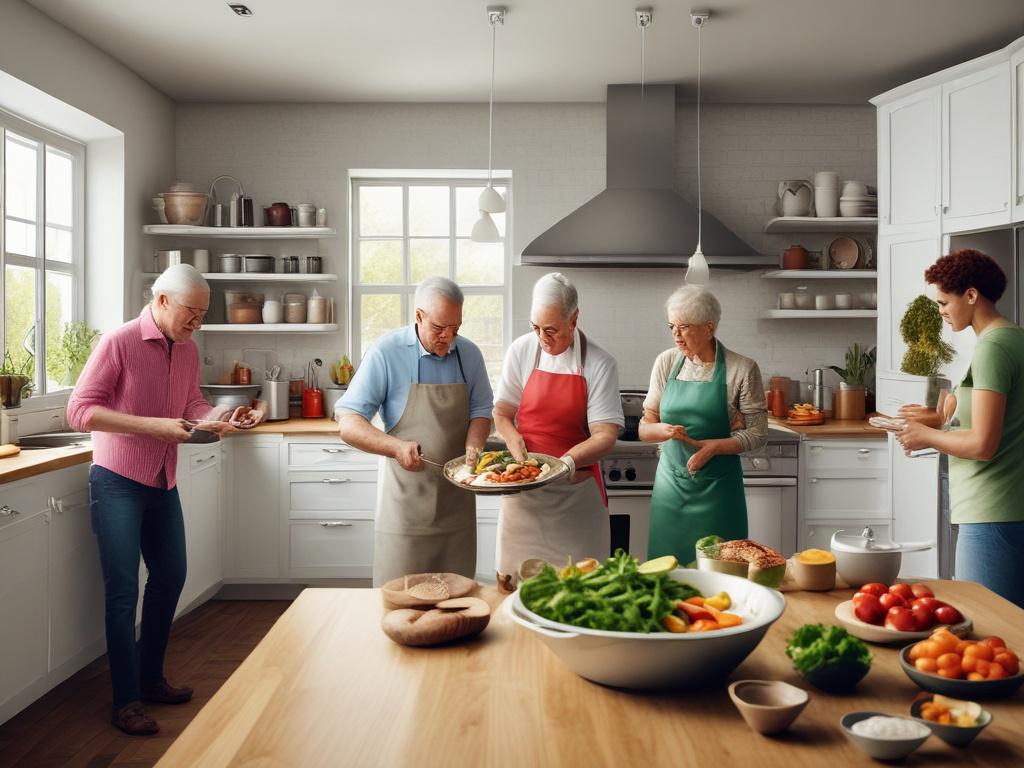 cooking club, older adults, cultural experience, vibrant ingredients, bright kitchen, group cooking