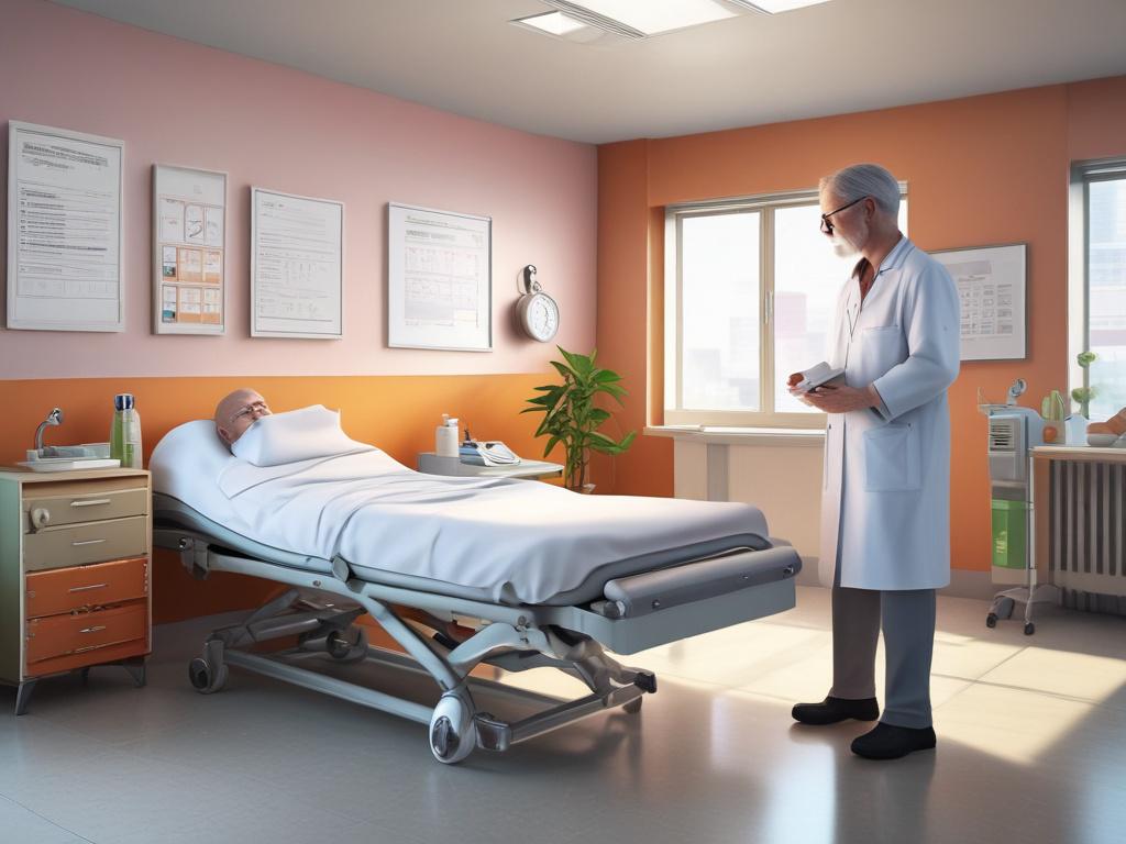 health screening, older adult, medical professional, bright clinic, vibrant atmosphere, close-up engagement