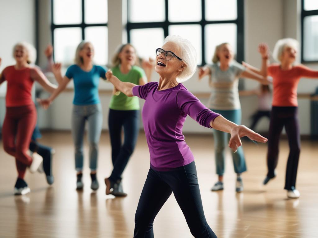 dance workshop, older adults, vibrant movement, joyful expressions, bright studio, group activity
