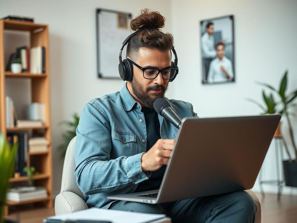 A close up shot of a podcast host sitting in