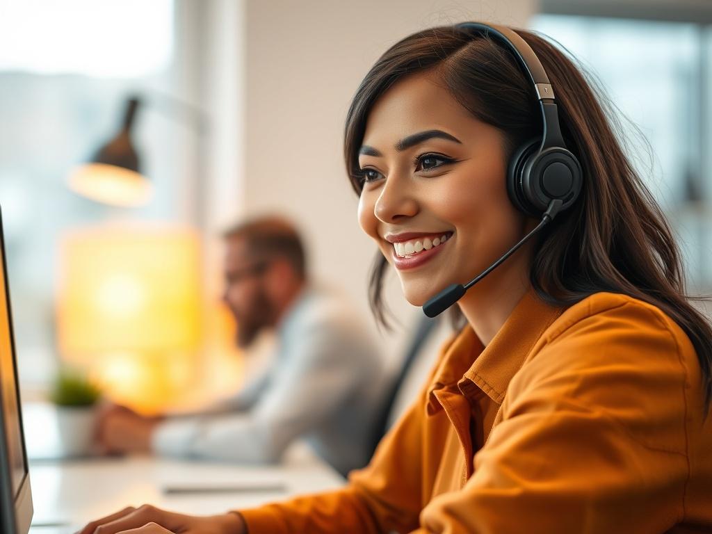 A close-up shot of a friendly customer service representative assisting a client over the phone. The representative is smiling and wearing a headset, sitting at a modern desk with a computer in the background. The environment is bright and inviting, showcasing a professional yet approachable atmosphere. The primary color theme is in harmony with rgb(248, 140, 2), creating a warm and welcoming vibe.