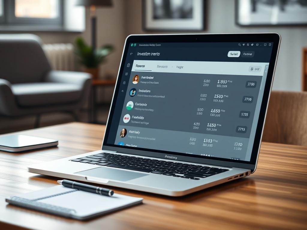 A modern, sleek investment platform interface displayed on a laptop screen. The screen shows a detailed list of investment projects with clear descriptions, financial goals, and expected returns. The background features a stylish office setting with soft lighting, creating a professional and inviting atmosphere. The laptop is on a wooden desk, with a notepad and a pen nearby, suggesting active engagement in investment planning.