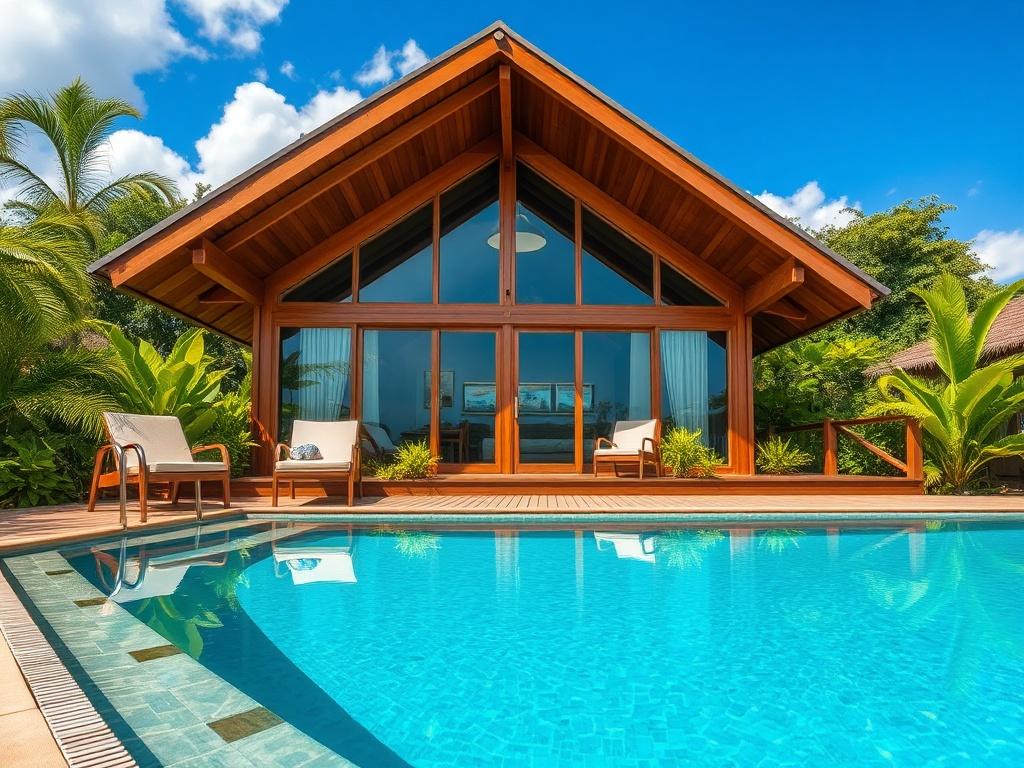 A stunning wooden bungalow surrounded by lush greenery, featuring a private swimming pool in the foreground. The bungalow has large windows that reflect the natural surroundings, with a cozy deck area equipped with lounge chairs. The pool is crystal clear, inviting, and surrounded by tropical plants. The sky is bright blue with a few fluffy clouds, creating a serene and tranquil atmosphere.