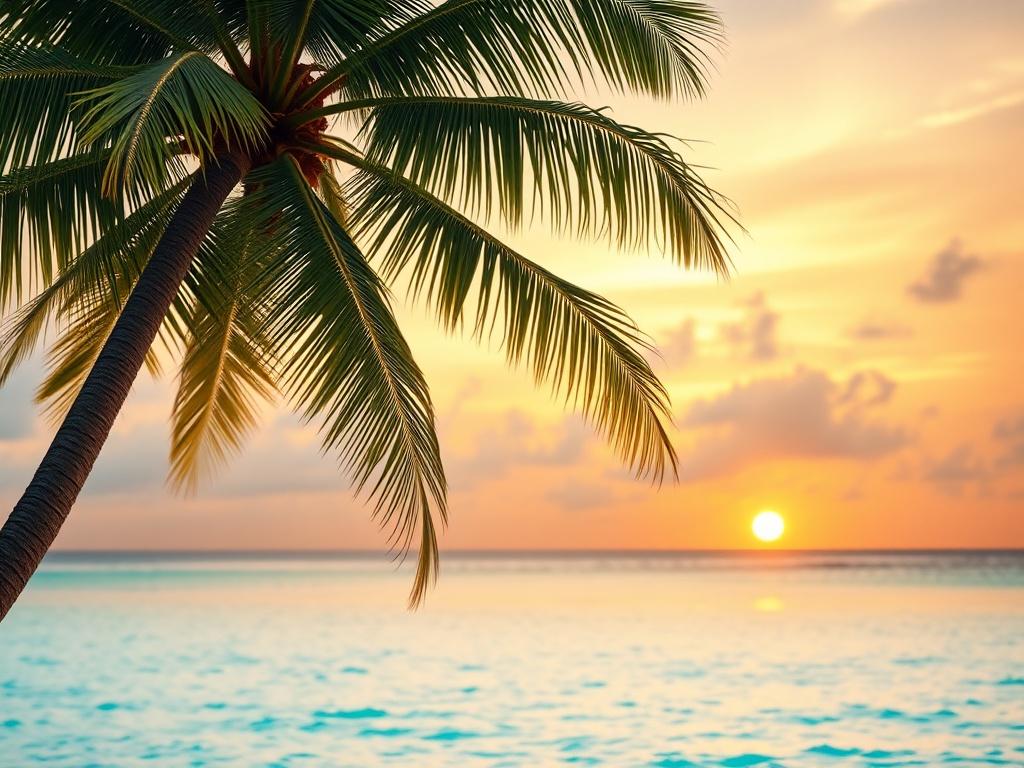 A stunning beach scene featuring soft white sand and crystal-clear turquoise waters. The composition should focus on a single palm tree swaying gently in the breeze, with the sun setting in the background casting a warm golden glow over the landscape. The sky should be a mix of orange and pink hues, creating a serene and inviting atmosphere perfect for relaxation and investment opportunities.