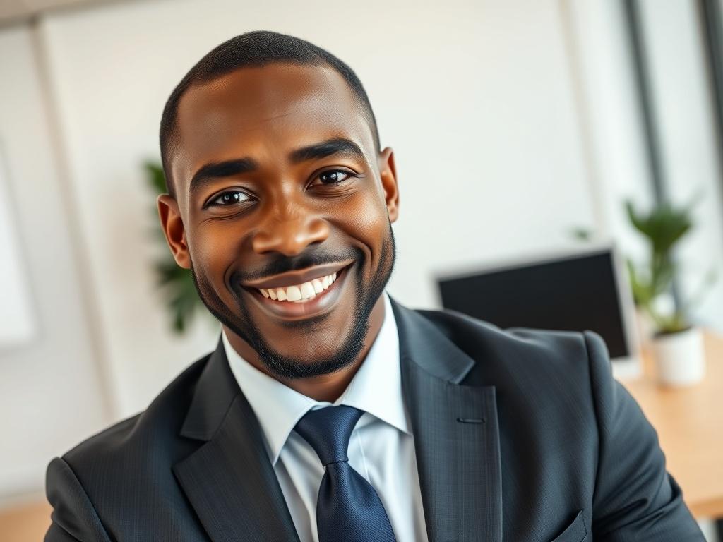 A close-up portrait of a confident black male director in a modern office setting. He is wearing a smart business suit with a warm smile, conveying professionalism and approachability. The background features a sleek desk and some greenery, emphasizing a successful and positive work environment. The lighting is bright and inviting, enhancing the subject's features and creating a friendly atmosphere.