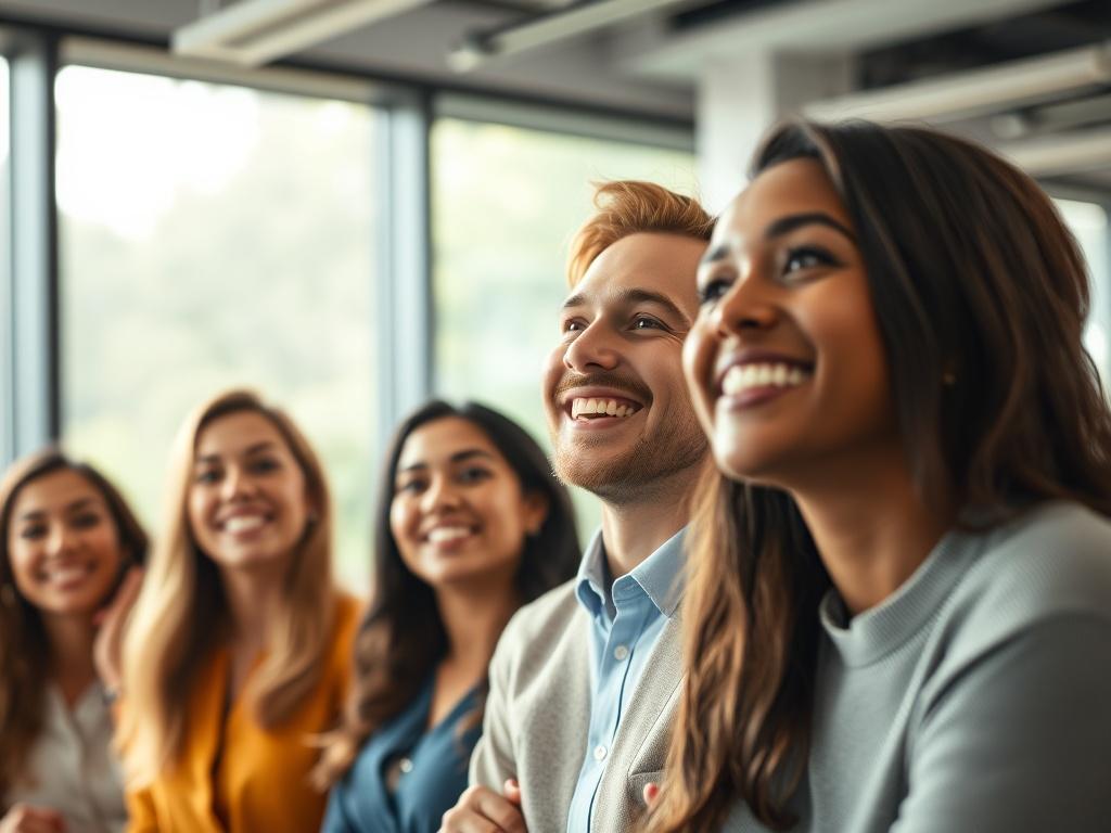 A realistic high-resolution photo of a diverse group of people smiling and looking optimistic towards the future, representing hope and a bright future. The setting is a modern office environment with soft natural light streaming through large windows. The focus is on the group, with a close-up shot capturing their expressions of enthusiasm and confidence. The background should be slightly blurred to keep the focus on the individuals, showcasing a professional yet approachable atmosphere.