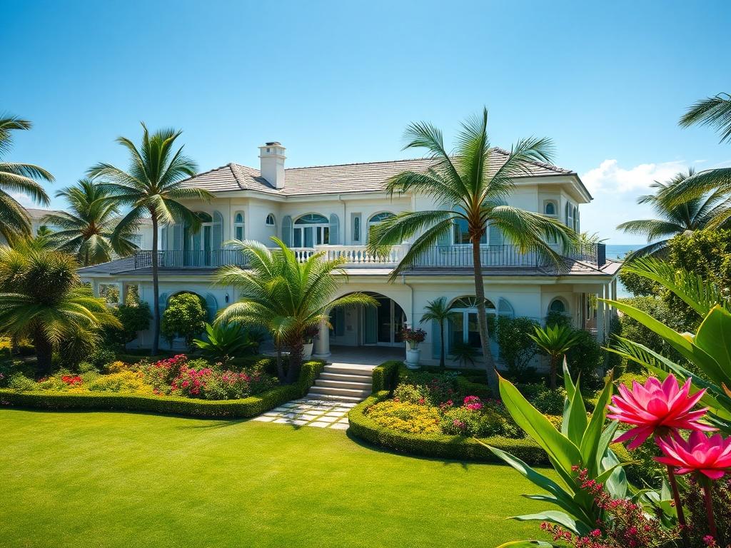 A stunning villa in Zanzibar surrounded by a beautiful garden. The composition should feature the villa as the main subject, showcasing its elegant architecture and lush greenery. The garden should be vibrant and well-maintained, with colorful flowers and tropical plants, creating a serene and inviting atmosphere. The background should include a clear blue sky and hints of the ocean in the distance, emphasizing the tropical paradise setting.