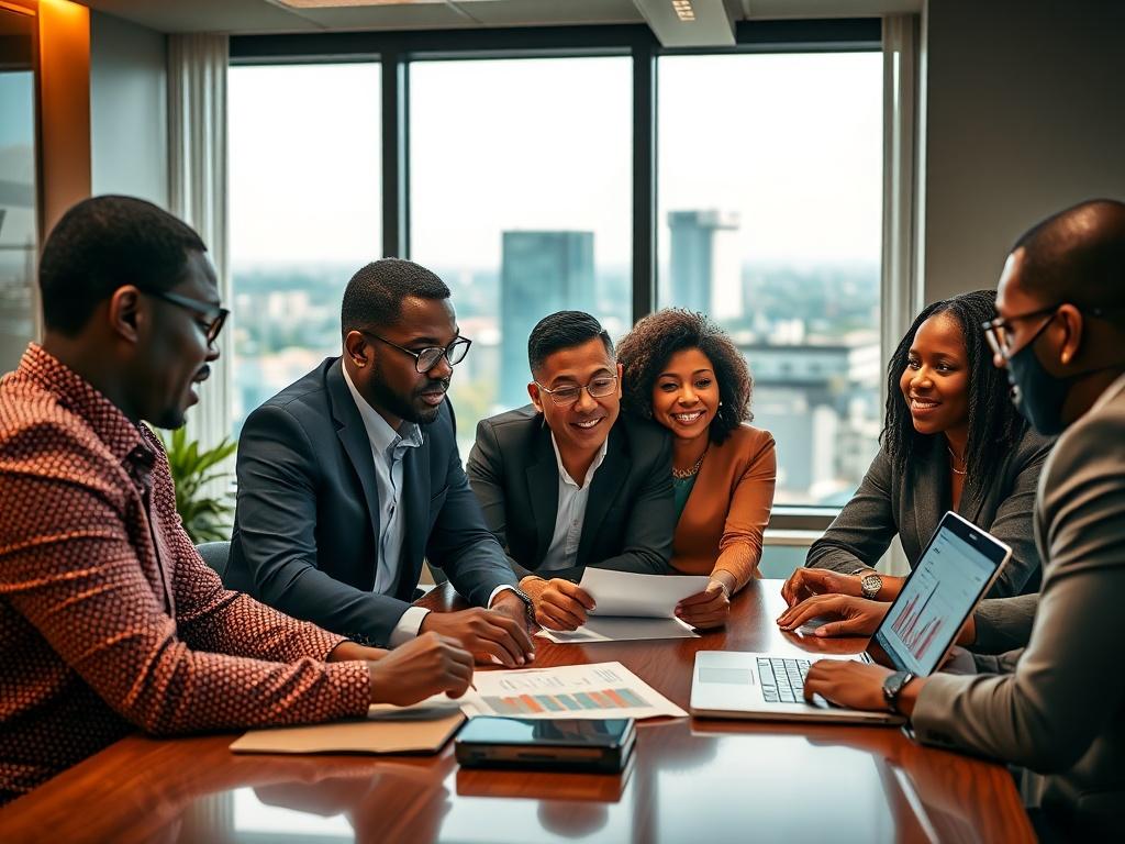A close-up shot of a diverse group of investors gathered around a table, discussing ongoing investment projects. The setting is a modern office with a sleek design, warm lighting, and a large window showing the cityscape of Dar es Salaam. The investors are engaged, looking at documents and a laptop with graphs on the screen, showcasing their enthusiasm for the projects. The image should be vibrant and professional, capturing the essence of collaboration and investment opportunities.