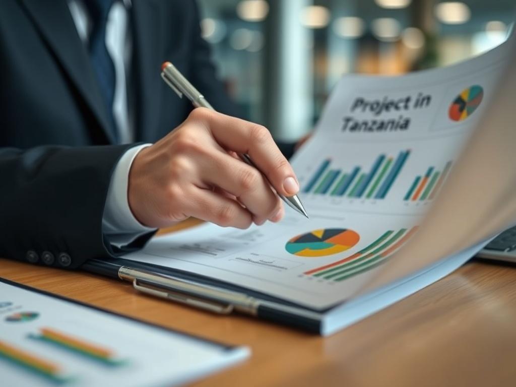 A realistic high-resolution photo of an investor reviewing documents about projects in Tanzania, focusing on a close-up of the investor's hands holding a pen and pointing at charts, with a blurred background showing a modern office setting.