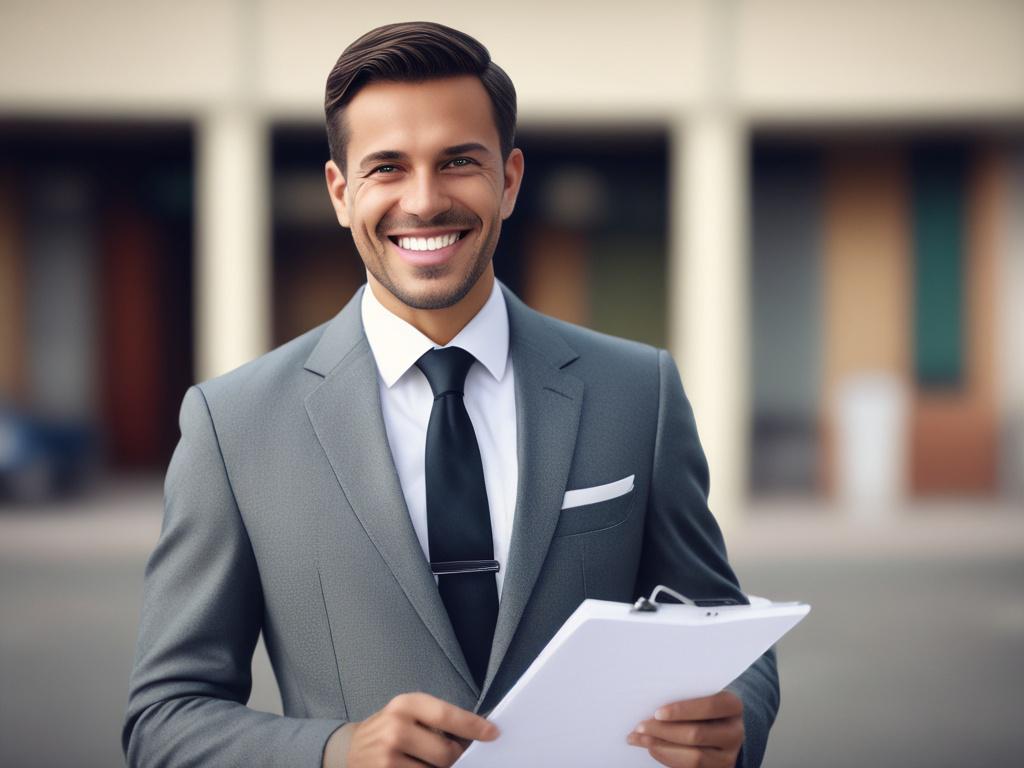A close-up shot of a confident insurance agent in a professional setting, showcasing a welcoming smile. The agent is wearing a tailored suit and is holding a clipboard with insurance documents. The background is softly blurred, emphasizing the agent while incorporating warm, inviting colors that resonate with trust and reliability. The image should be rendered in high-resolution, with a focus on the agent's expression and the details of the clipboard.