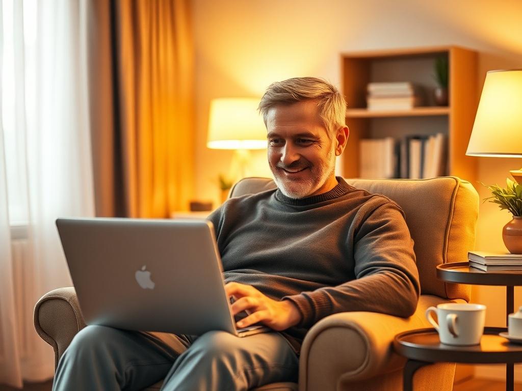 A serene and inviting scene of a mature single man sitting comfortably in a cozy armchair, looking at his laptop with a warm smile, surrounded by soft golden lighting and a peaceful atmosphere. The background features a softly lit room with warm colors, perhaps a bookshelf and a cup of tea on a side table, creating an inviting and safe space for online connection.