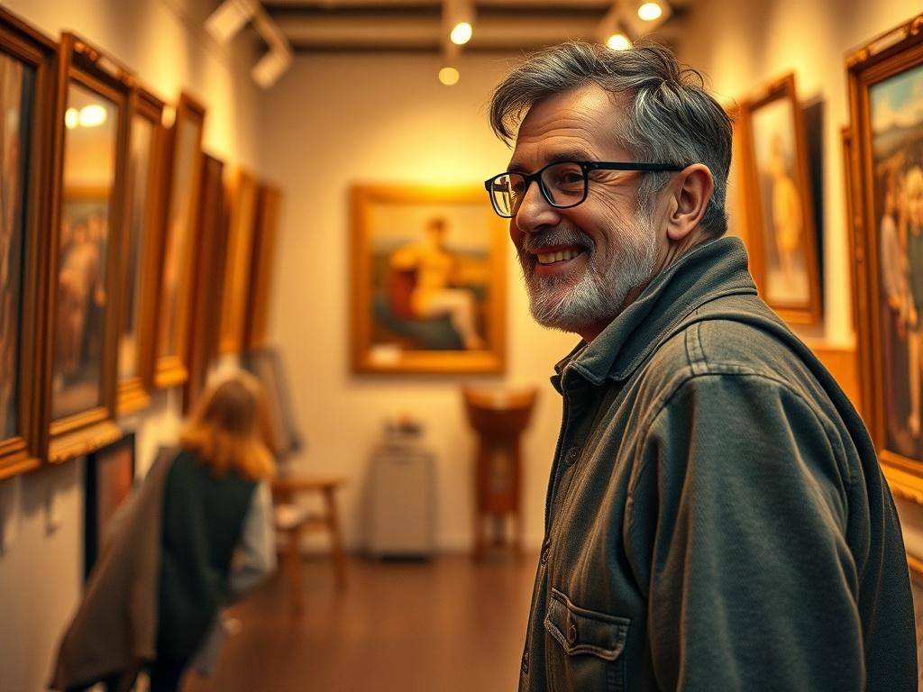 A high-resolution image of a mature individual smiling while exploring a local art gallery. The gallery is beautifully lit with warm golden hues, filled with art pieces that create an inviting and reflective atmosphere.