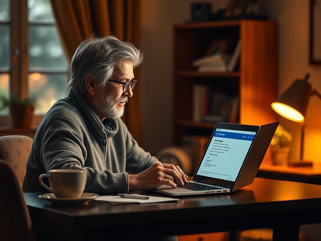 A cozy and inviting scene of a mature individual sitting at a desk, filling out a registration form on a laptop. The room is softly lit with golden hues, creating a serene atmosphere. A warm cup of tea sits nearby, adding to the inviting ambiance.