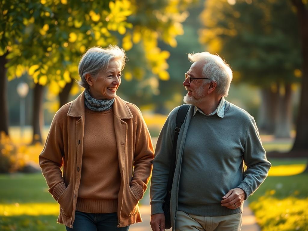 A serene scene of a mature couple enjoying a leisurely walk in a park, surrounded by lush greenery and soft golden lighting. They are smiling and engaging in conversation, showcasing a deep connection.