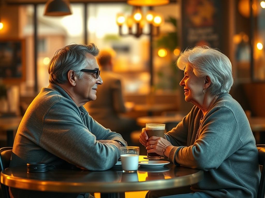 A realistic, high-resolution image of two mature individuals sitting across from each other at a café, engaged in a lively conversation. The café is softly lit with golden tones, creating a warm and inviting atmosphere around them.