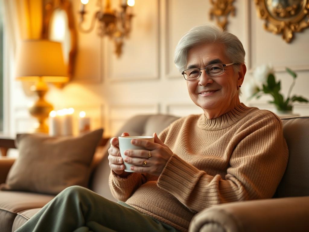 A cozy, inviting scene featuring a mature individual sitting comfortably