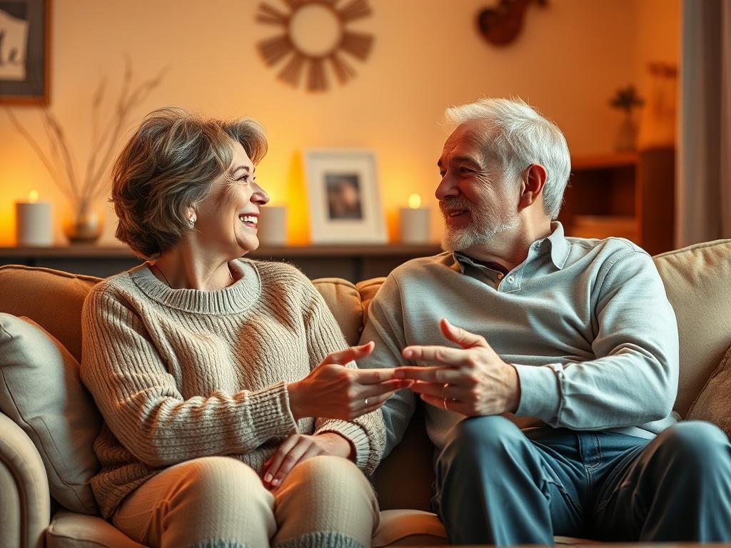 A cozy, inviting setting featuring a mature couple sitting comfortably