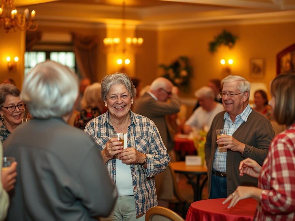A lively community event scene featuring a group of mature