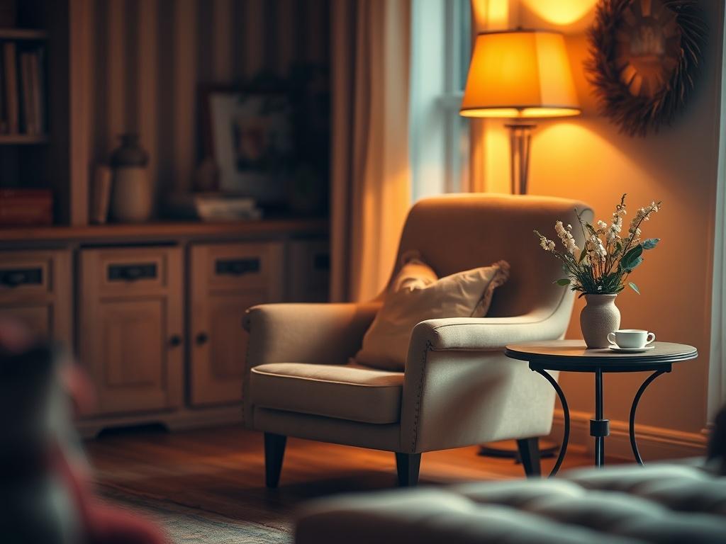 A warm, inviting living room scene bathed in golden hues,