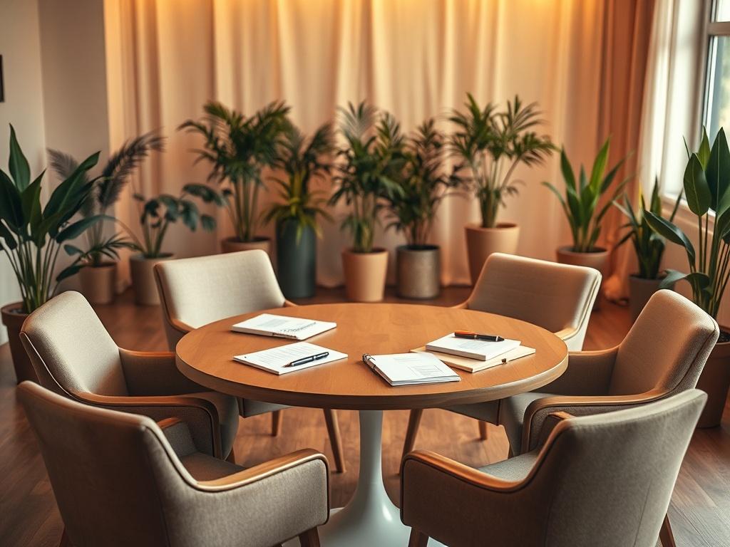 An inviting workshop space with soft golden lighting, featuring a