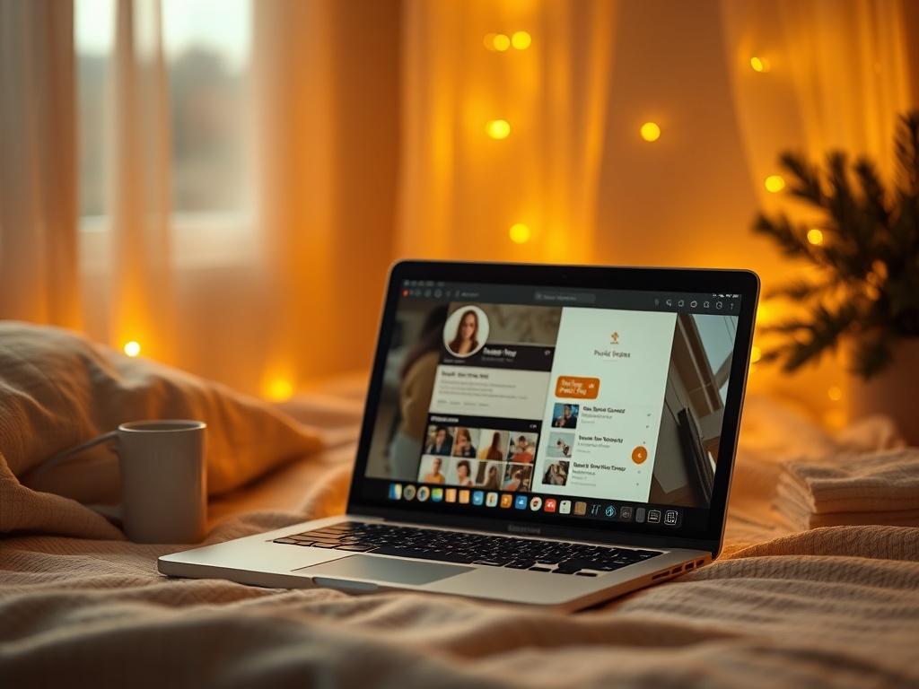 A serene setting with a laptop displaying a dating profile,