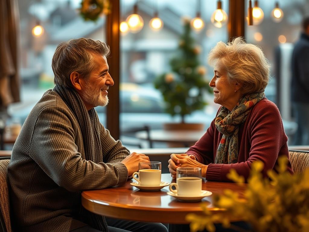 An inviting scene of two mature singles chatting over coffee