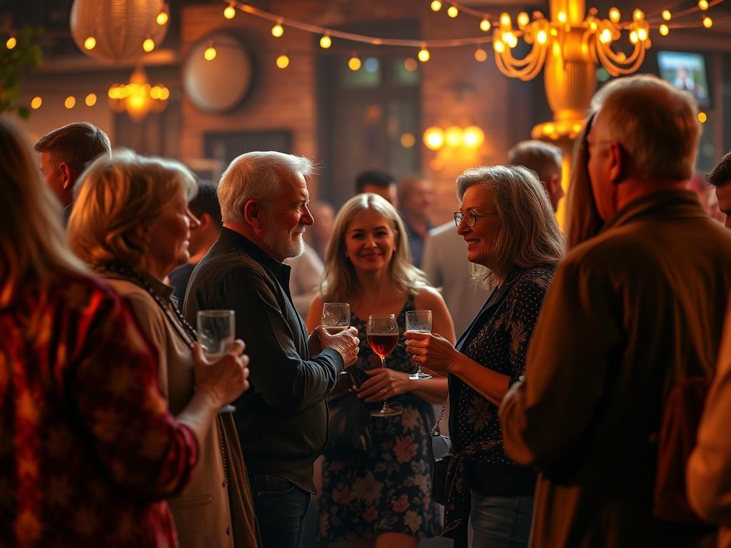 A vibrant scene of mature singles mingling at a social