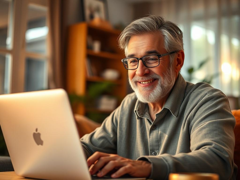 A close up of a mature single smiling while working