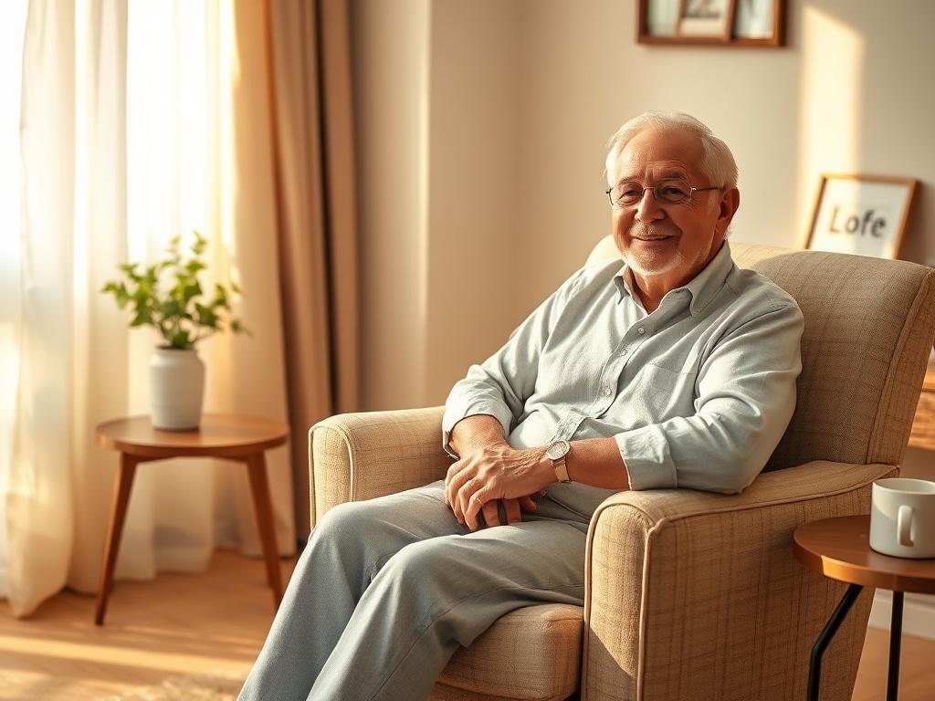 **AI Image Generation Prompt:**

Create a realistic high-resolution image that encapsulates the theme of "Finding Love After 50." The composition should be simple and clear, focusing on a single subject—a mature individual, either a man or a woman, sitting comfortably on a cozy armchair in a softly lit room with warm, golden hues. 

The subject should exude confidence and warmth, perhaps with a gentle smile, conveying a sense of hope and readiness for new connections. They should be casually dressed in comf