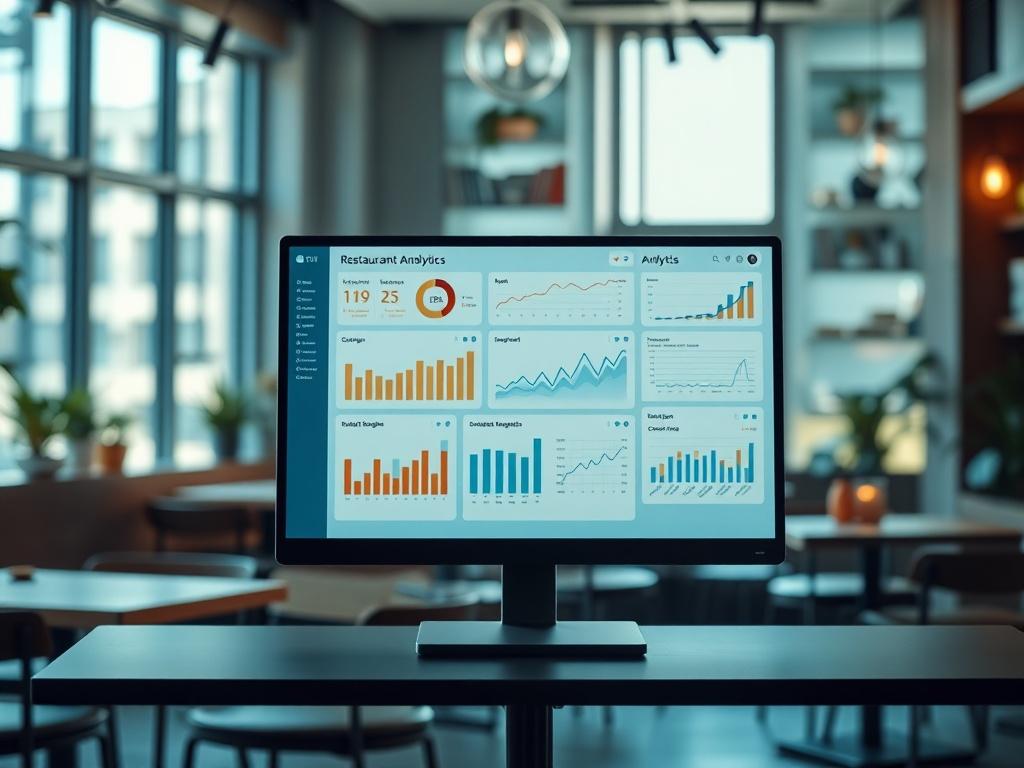 Create a realistic high-resolution image of a sleek, modern analytics dashboard displayed prominently on a large computer screen. The dashboard should be showcasing various graphs, charts, and data visualizations that convey restaurant analytics, such as customer engagement metrics, order statistics, and sales performance. The subject should be the computer screen itself, occupying the center of the composition, with the dashboard elements clearly visible and detailed.  

In the background, feature a softly