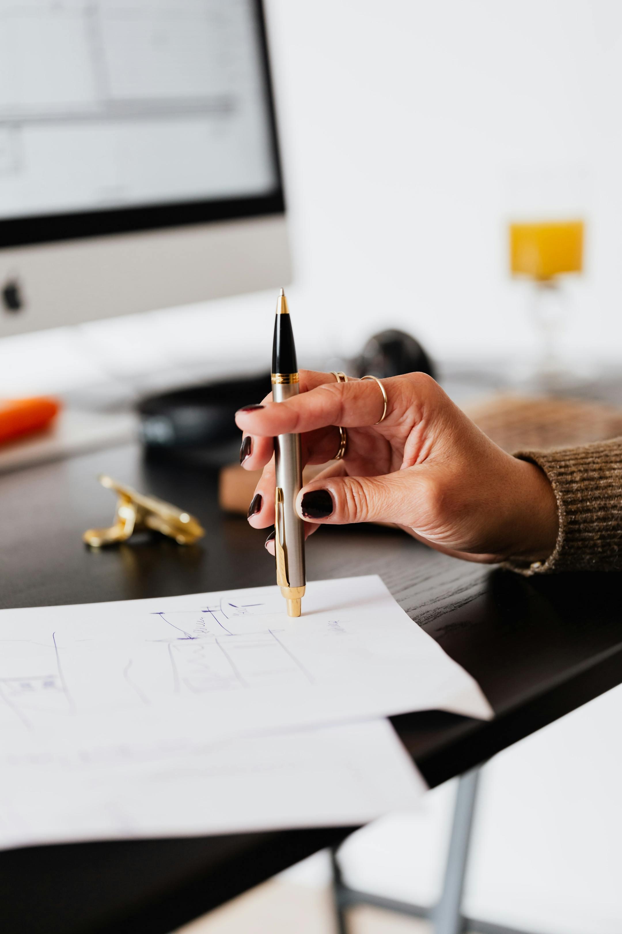 A woman's hand holding a pen, working on paperwork in a modern office setting.