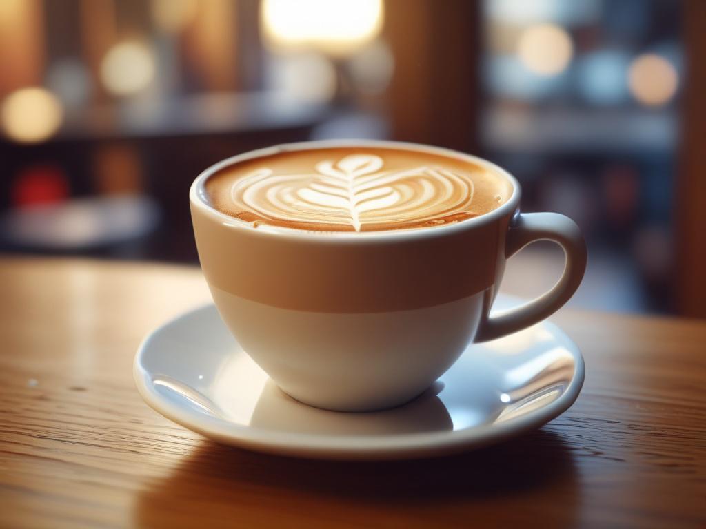 **AI Image Generation Prompt:**

Create a hyper-realistic close-up shot of a beautifully crafted latte art in a coffee shop café setting. The focus should be on the latte, featuring intricate heart-shaped foam art, served in a white ceramic cup. The background should include blurred hints of a cozy café environment, with warm wooden textures, soft lighting, and faint outlines of customers enjoying their drinks, creating a welcoming atmosphere. The color palette should complement the primary color rgb(2, 86,